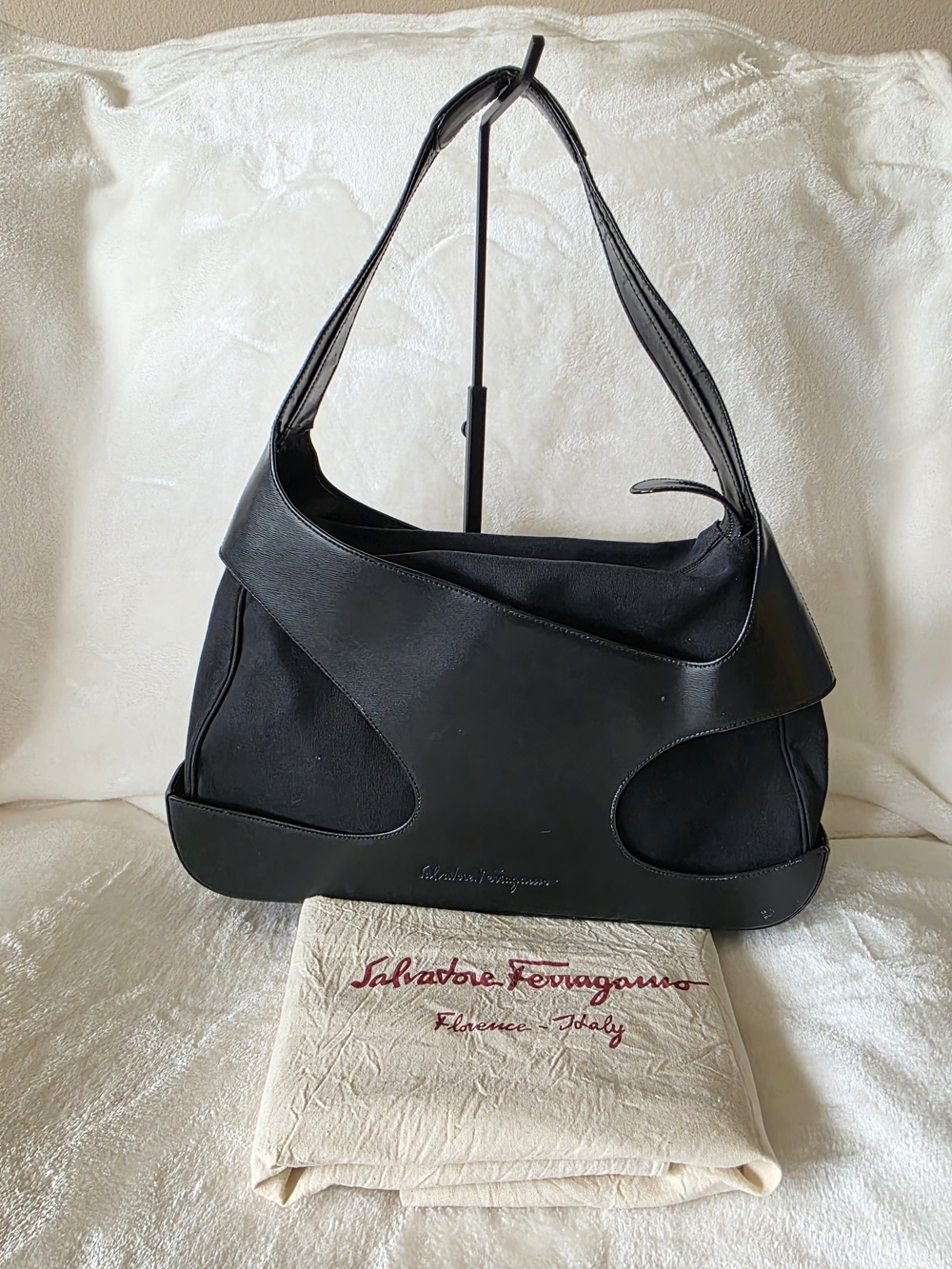 Salvatore Ferragamo Black Leather & Canvas Cutout Shoulder Hobo Bag